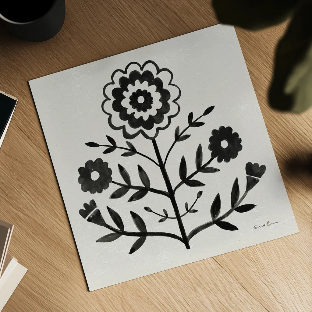 Garden Folk I Black by Farida Zaman. Shown as a detailed flat fine art print, highlighting archival giclee quality. Available as an archival giclee rolled canvas, fine art paper, or poster print. SKU 83250a.