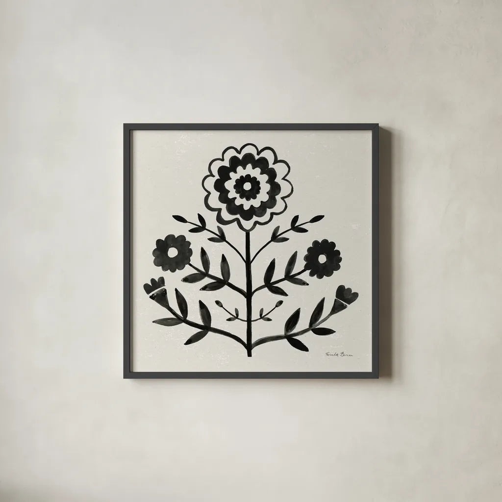 Garden Folk I Black by Farida Zaman. Shown in a sleek black glass frame for a contemporary gallery look. Available as an archival giclee rolled canvas, fine art paper, or poster print. SKU 83250a.