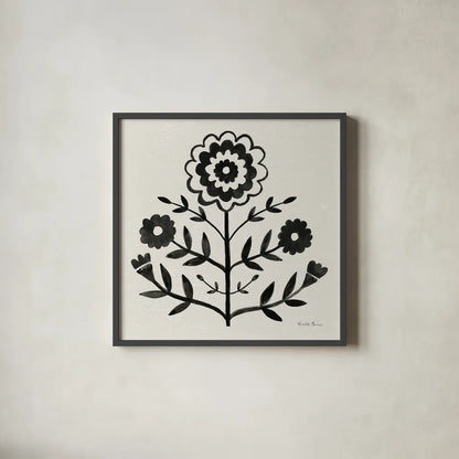 Garden Folk I Black by Farida Zaman. Shown in a sleek black glass frame for a contemporary gallery look. Available as an archival giclee rolled canvas, fine art paper, or poster print. SKU 83250a.