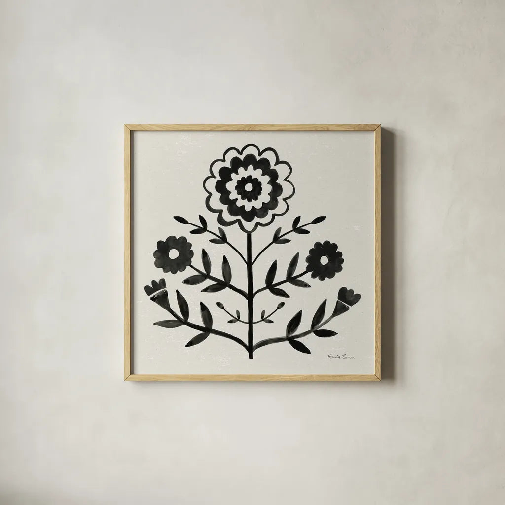 Garden Folk I Black by Farida Zaman. Shown in a natural wood glass frame for a timeless modern aesthetic. Available as an archival giclee rolled canvas, fine art paper, or poster print. SKU 83250a.
