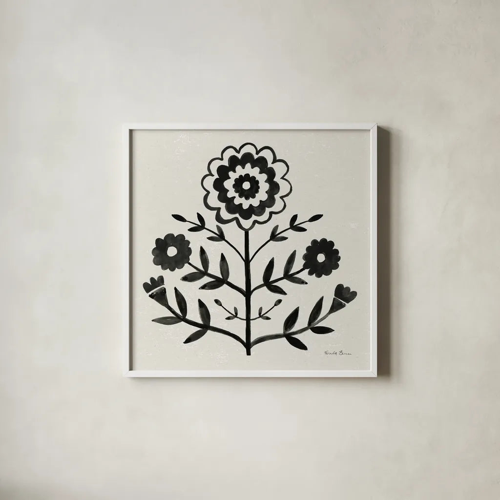 Garden Folk I Black by Farida Zaman. Shown in a crisp white glass frame for a clean and minimalist style. Available as an archival giclee rolled canvas, fine art paper, or poster print. SKU 83250a.