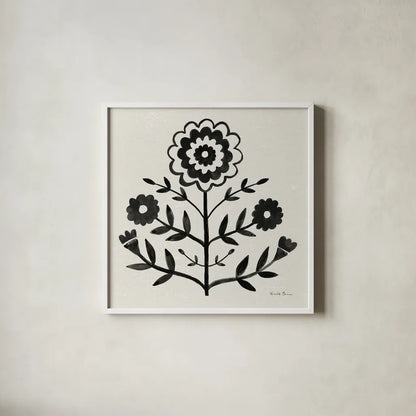 Garden Folk I Black by Farida Zaman. Shown in a crisp white glass frame for a clean and minimalist style. Available as an archival giclee rolled canvas, fine art paper, or poster print. SKU 83250a.