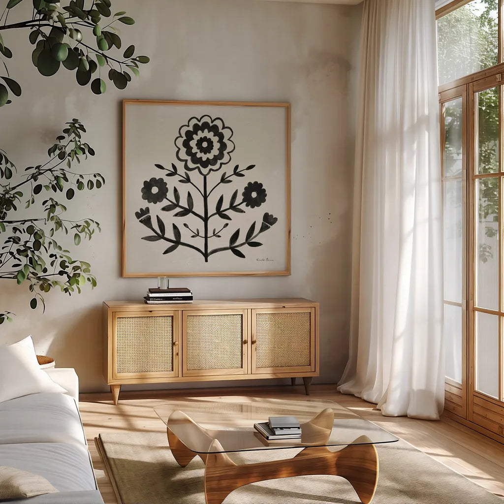 Garden Folk I Black by Farida Zaman. Shown in a natural wood frame in a cozy modern living room. Available as an archival giclee rolled canvas, fine art paper, or poster print. SKU 83250a.