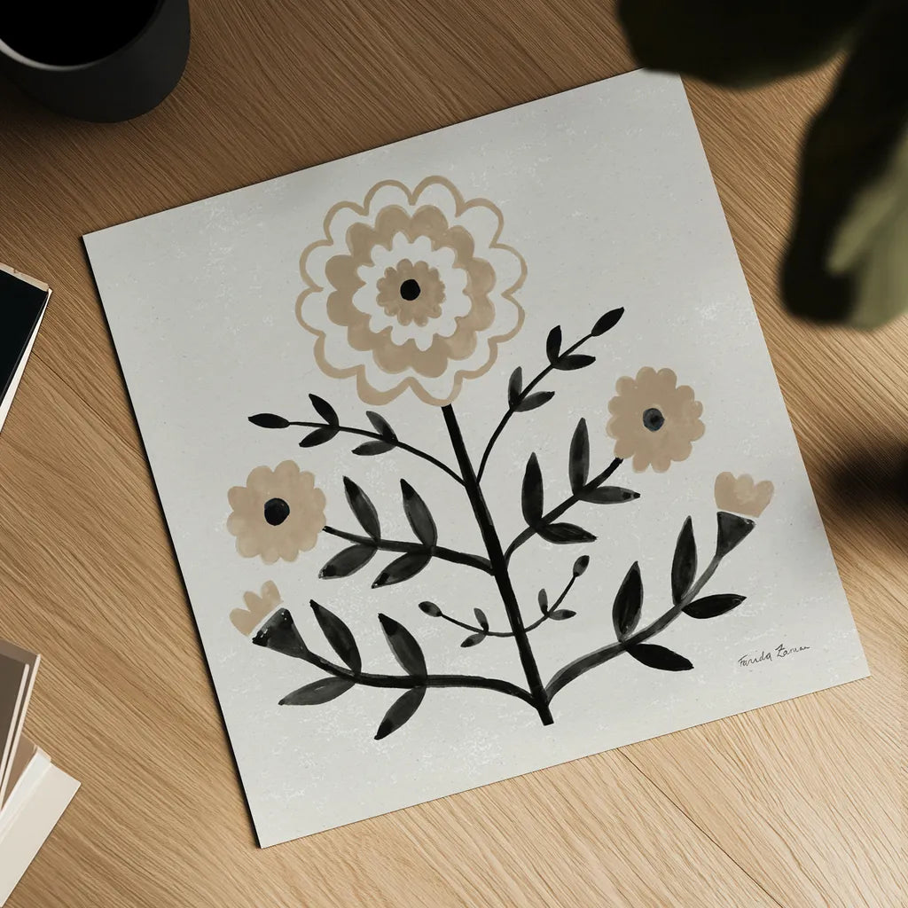 Garden Folk I Brown by Farida Zaman. Shown as a detailed flat fine art print, highlighting archival giclee quality. Available as an archival giclee rolled canvas, fine art paper, or poster print. SKU 83252a.