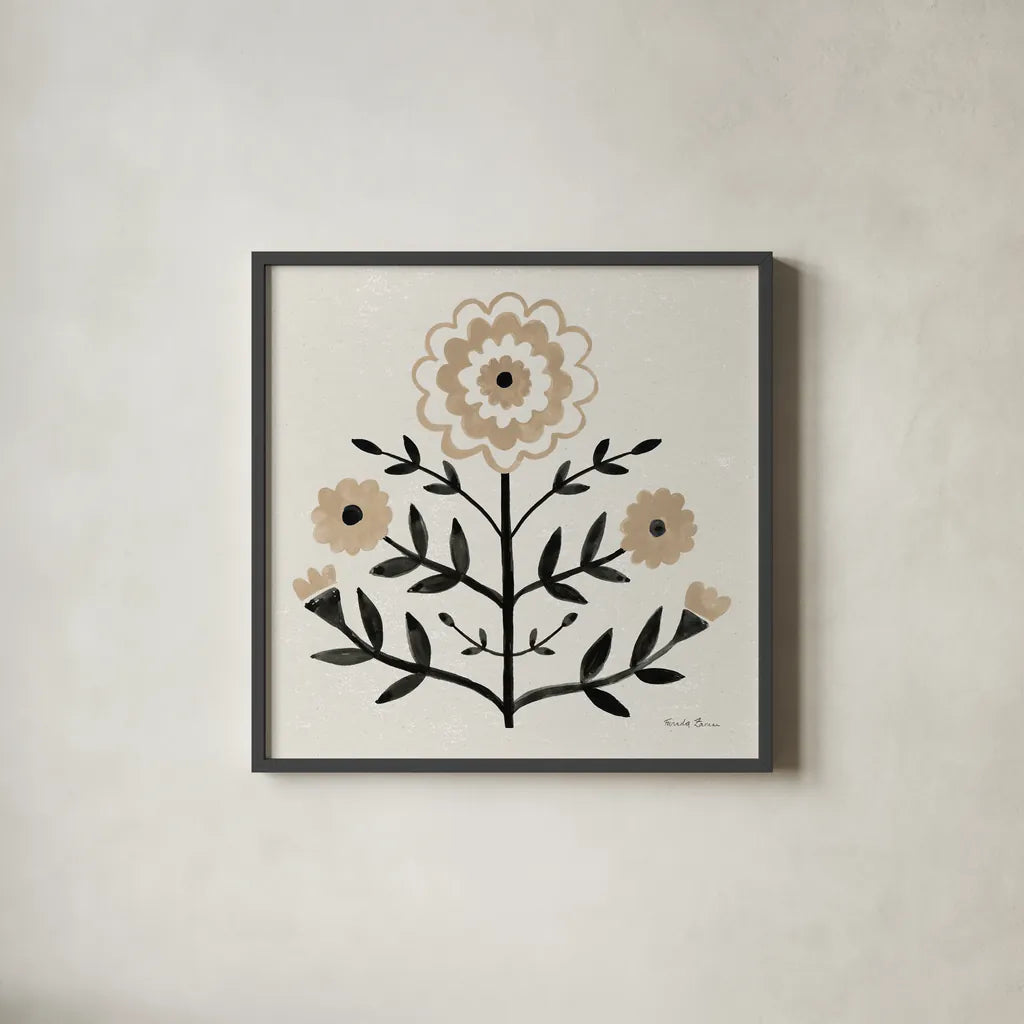 Garden Folk I Brown by Farida Zaman. Shown in a sleek black glass frame for a contemporary gallery look. Available as an archival giclee rolled canvas, fine art paper, or poster print. SKU 83252a.