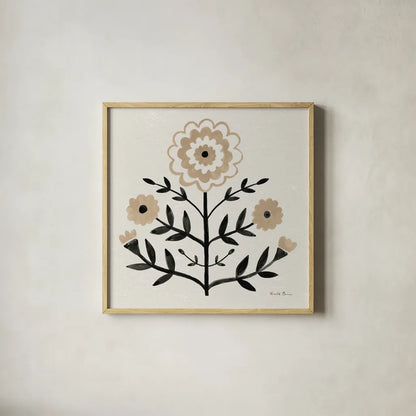 Garden Folk I Brown by Farida Zaman. Shown in a natural wood glass frame for a timeless modern aesthetic. Available as an archival giclee rolled canvas, fine art paper, or poster print. SKU 83252a.