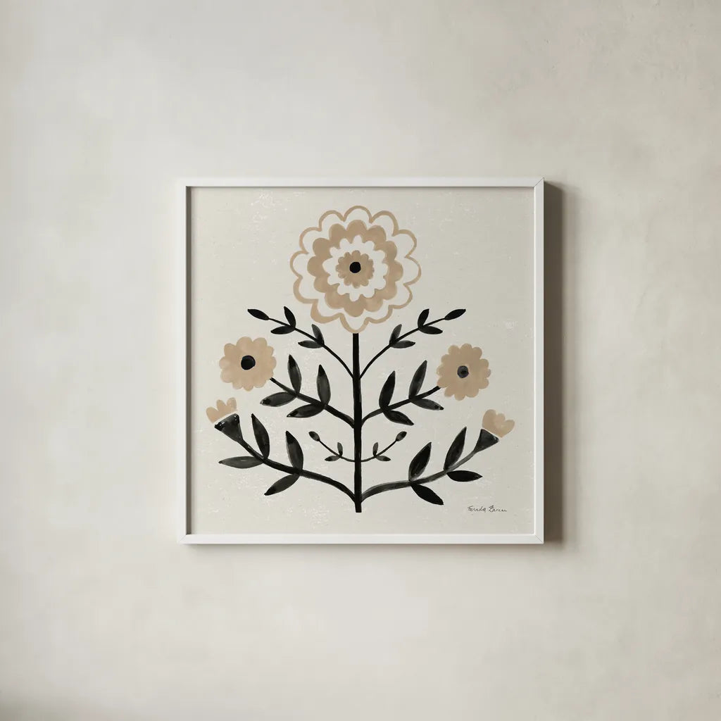 Garden Folk I Brown by Farida Zaman. Shown in a crisp white glass frame for a clean and minimalist style. Available as an archival giclee rolled canvas, fine art paper, or poster print. SKU 83252a.
