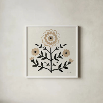 Garden Folk I Brown by Farida Zaman. Shown in a crisp white glass frame for a clean and minimalist style. Available as an archival giclee rolled canvas, fine art paper, or poster print. SKU 83252a.