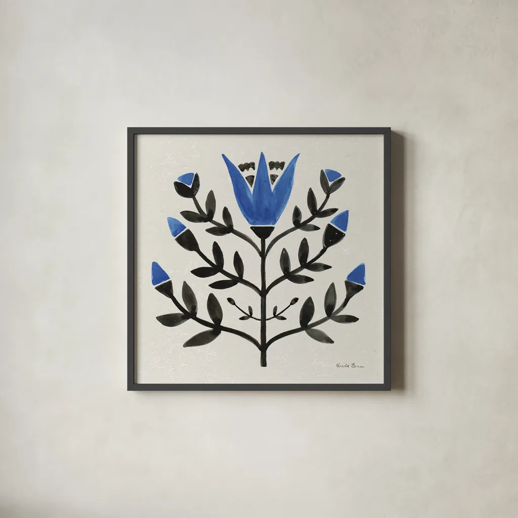 Garden Folk II by Farida Zaman. Shown in a sleek black glass frame for a contemporary gallery look. Available as an archival giclee rolled canvas, fine art paper, or poster print. SKU 81909a.