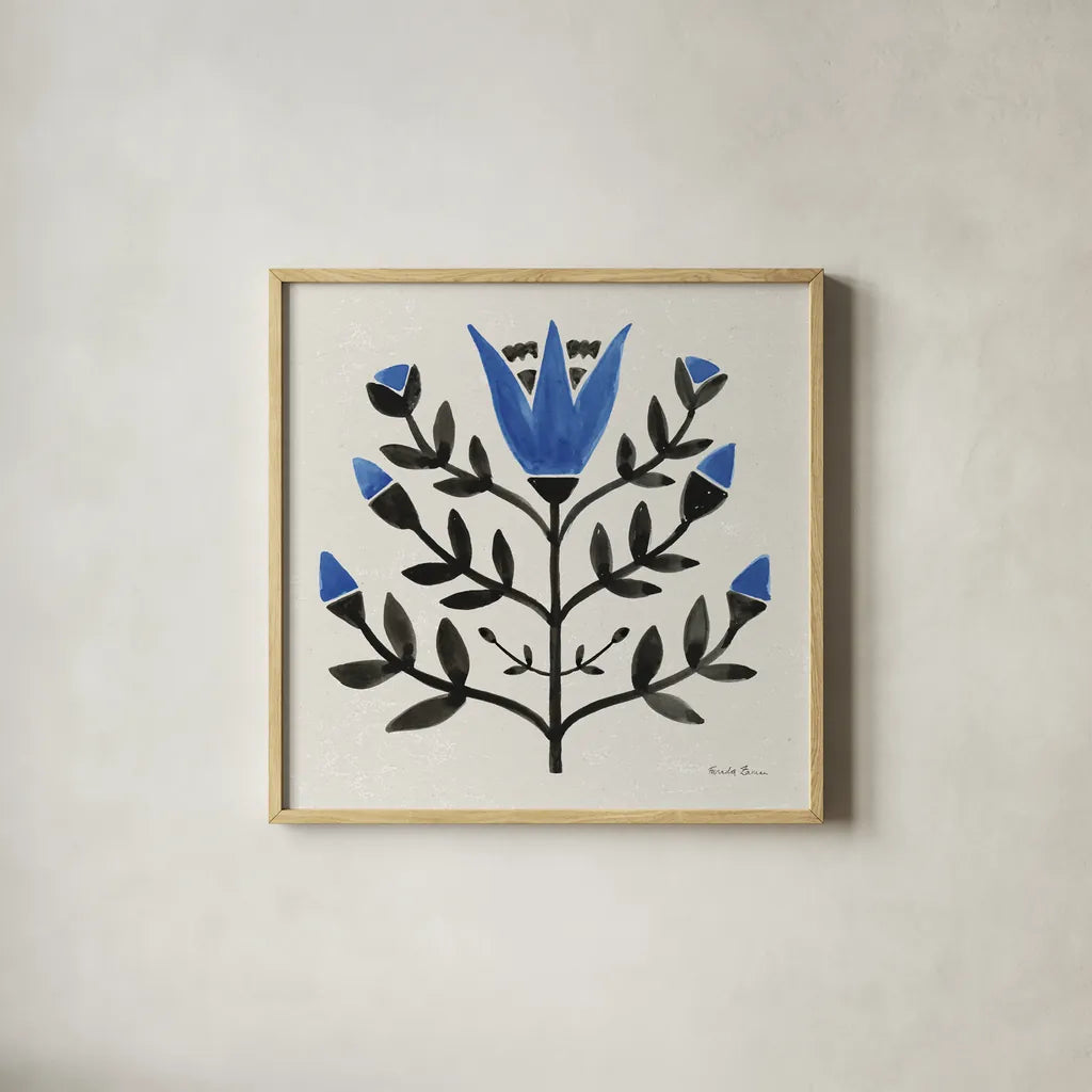 Garden Folk II by Farida Zaman. Shown in a natural wood glass frame for a timeless modern aesthetic. Available as an archival giclee rolled canvas, fine art paper, or poster print. SKU 81909a.