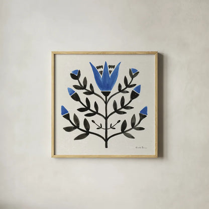 Garden Folk II by Farida Zaman. Shown in a natural wood glass frame for a timeless modern aesthetic. Available as an archival giclee rolled canvas, fine art paper, or poster print. SKU 81909a.