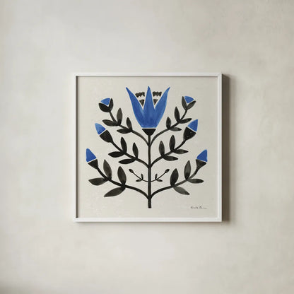 Garden Folk II by Farida Zaman. Shown in a crisp white glass frame for a clean and minimalist style. Available as an archival giclee rolled canvas, fine art paper, or poster print. SKU 81909a.