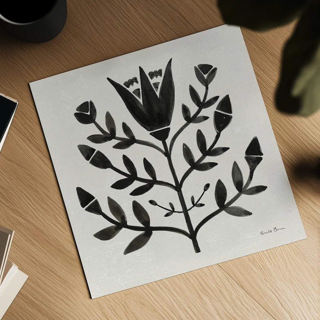 Garden Folk II Black by Farida Zaman. Shown as a detailed flat fine art print, highlighting archival giclee quality. Available as an archival giclee rolled canvas, fine art paper, or poster print. SKU 83251a.