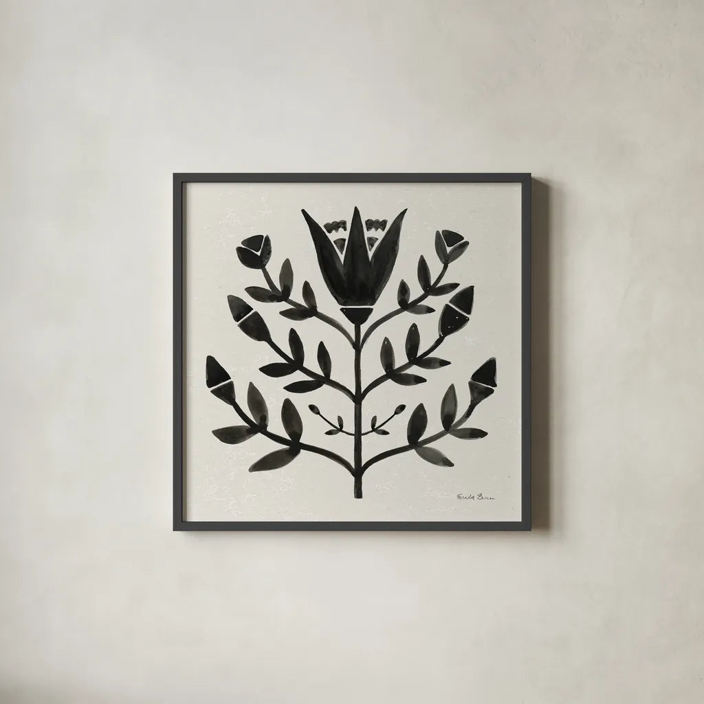 Garden Folk II Black by Farida Zaman. Shown in a sleek black glass frame for a contemporary gallery look. Available as an archival giclee rolled canvas, fine art paper, or poster print. SKU 83251a.