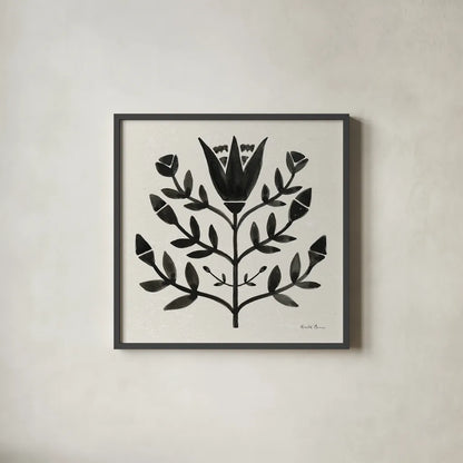 Garden Folk II Black by Farida Zaman. Shown in a sleek black glass frame for a contemporary gallery look. Available as an archival giclee rolled canvas, fine art paper, or poster print. SKU 83251a.