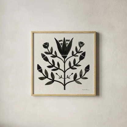 Garden Folk II Black by Farida Zaman. Shown in a natural wood glass frame for a timeless modern aesthetic. Available as an archival giclee rolled canvas, fine art paper, or poster print. SKU 83251a.
