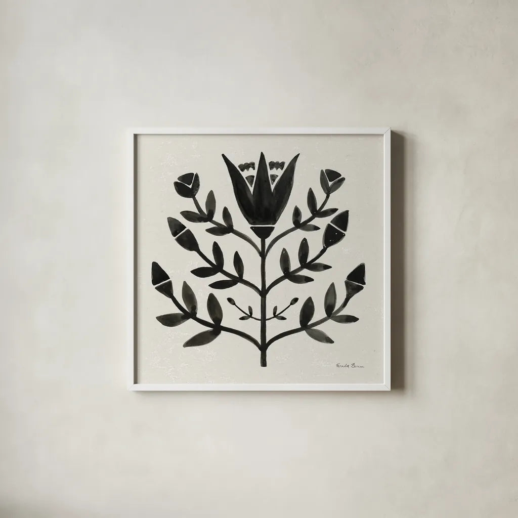 Garden Folk II Black by Farida Zaman. Shown in a crisp white glass frame for a clean and minimalist style. Available as an archival giclee rolled canvas, fine art paper, or poster print. SKU 83251a.