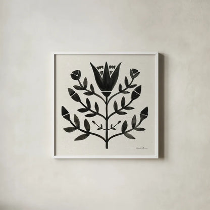 Garden Folk II Black by Farida Zaman. Shown in a crisp white glass frame for a clean and minimalist style. Available as an archival giclee rolled canvas, fine art paper, or poster print. SKU 83251a.