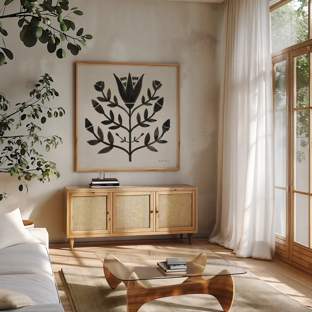 Garden Folk II Black by Farida Zaman. Shown in a natural wood frame in a cozy modern living room. Available as an archival giclee rolled canvas, fine art paper, or poster print. SKU 83251a.