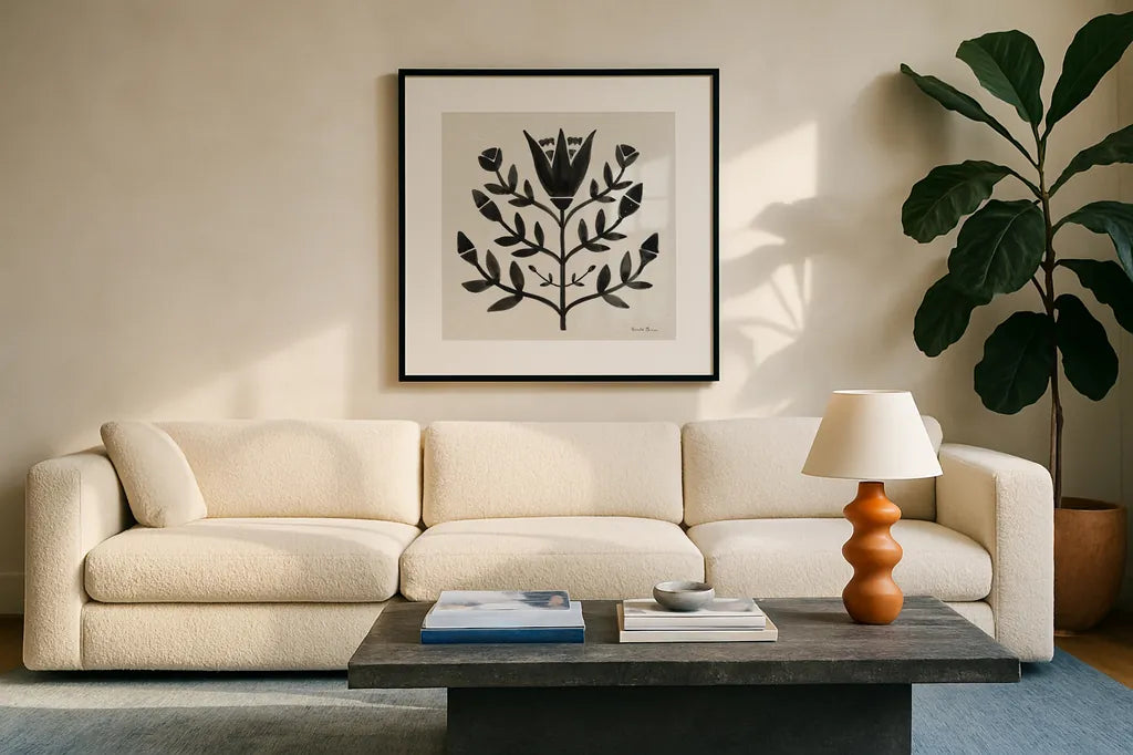 Garden Folk II Black by Farida Zaman. Displayed in a glass frame with matte in a clean modern living room. Available as an archival giclee rolled canvas, fine art paper, or poster print. SKU 83251a.