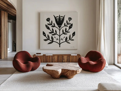 Garden Folk II Black by Farida Zaman. Shown as extra-large giant wall art in a modern living room. Available as an archival giclee rolled canvas, fine art paper, or poster print. SKU 83251a.