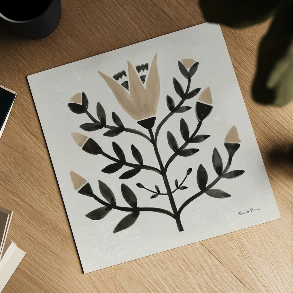 Garden Folk II Brown by Farida Zaman. Shown as a detailed flat fine art print, highlighting archival giclee quality. Available as an archival giclee rolled canvas, fine art paper, or poster print. SKU 83253a.