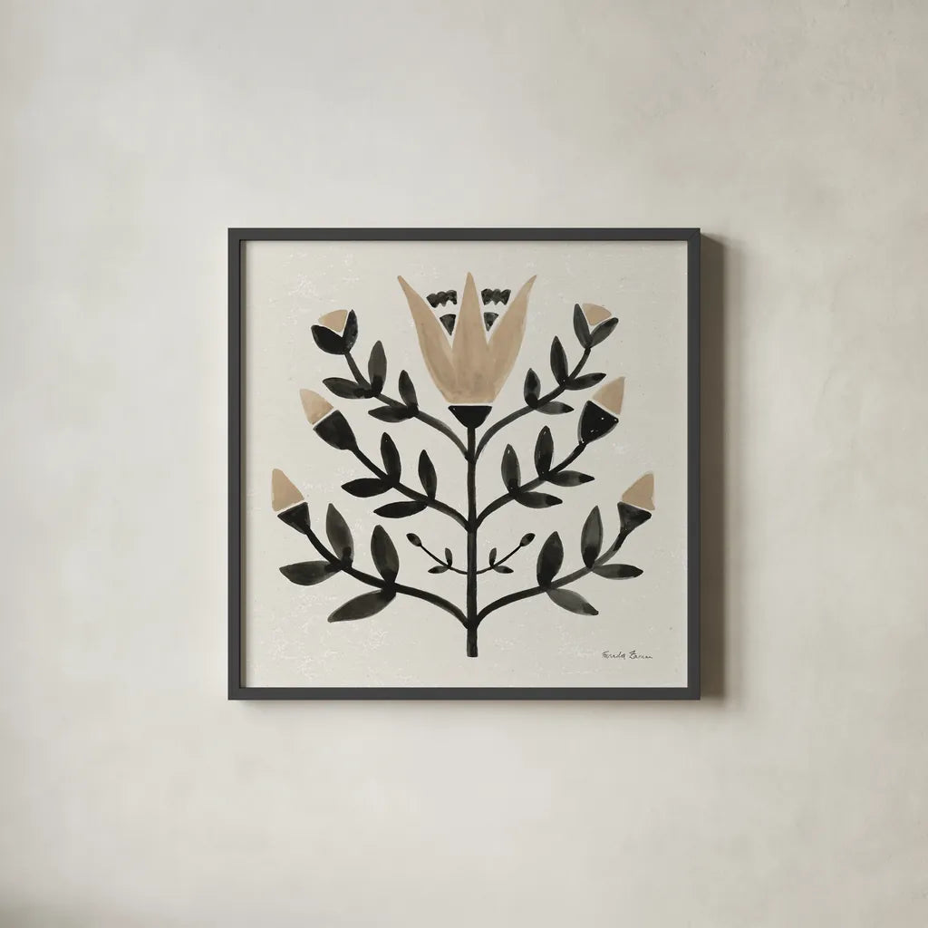 Garden Folk II Brown by Farida Zaman. Shown in a sleek black glass frame for a contemporary gallery look. Available as an archival giclee rolled canvas, fine art paper, or poster print. SKU 83253a.