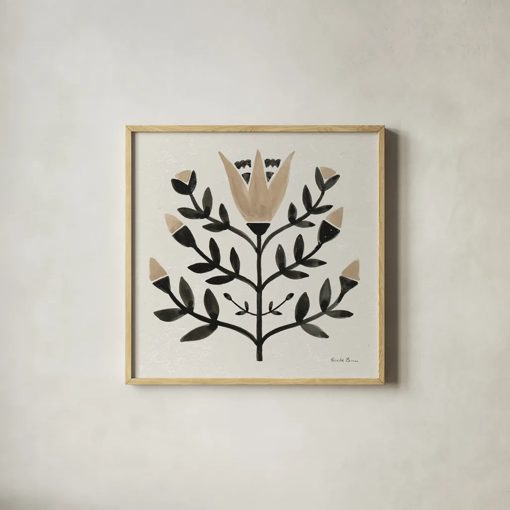 Garden Folk II Brown by Farida Zaman. Shown in a natural wood glass frame for a timeless modern aesthetic. Available as an archival giclee rolled canvas, fine art paper, or poster print. SKU 83253a.