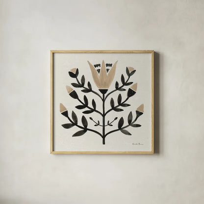 Garden Folk II Brown by Farida Zaman. Shown in a natural wood glass frame for a timeless modern aesthetic. Available as an archival giclee rolled canvas, fine art paper, or poster print. SKU 83253a.