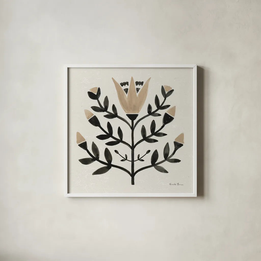 Garden Folk II Brown by Farida Zaman. Shown in a crisp white glass frame for a clean and minimalist style. Available as an archival giclee rolled canvas, fine art paper, or poster print. SKU 83253a.