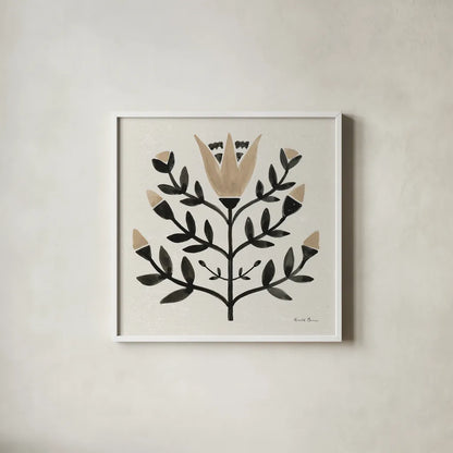 Garden Folk II Brown by Farida Zaman. Shown in a crisp white glass frame for a clean and minimalist style. Available as an archival giclee rolled canvas, fine art paper, or poster print. SKU 83253a.