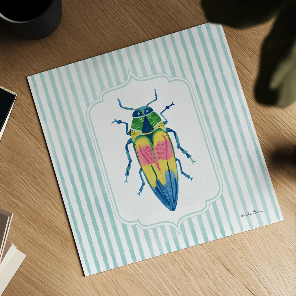 Garden Friends I by Farida Zaman. Shown as a detailed flat fine art print, highlighting archival giclee quality. Available as an archival giclee rolled canvas, fine art paper, or poster print. SKU 98147a.