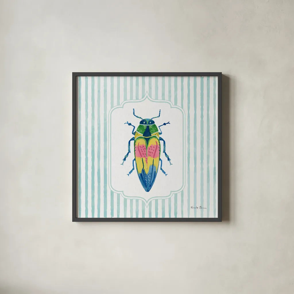 Garden Friends I by Farida Zaman. Shown in a sleek black glass frame for a contemporary gallery look. Available as an archival giclee rolled canvas, fine art paper, or poster print. SKU 98147a.