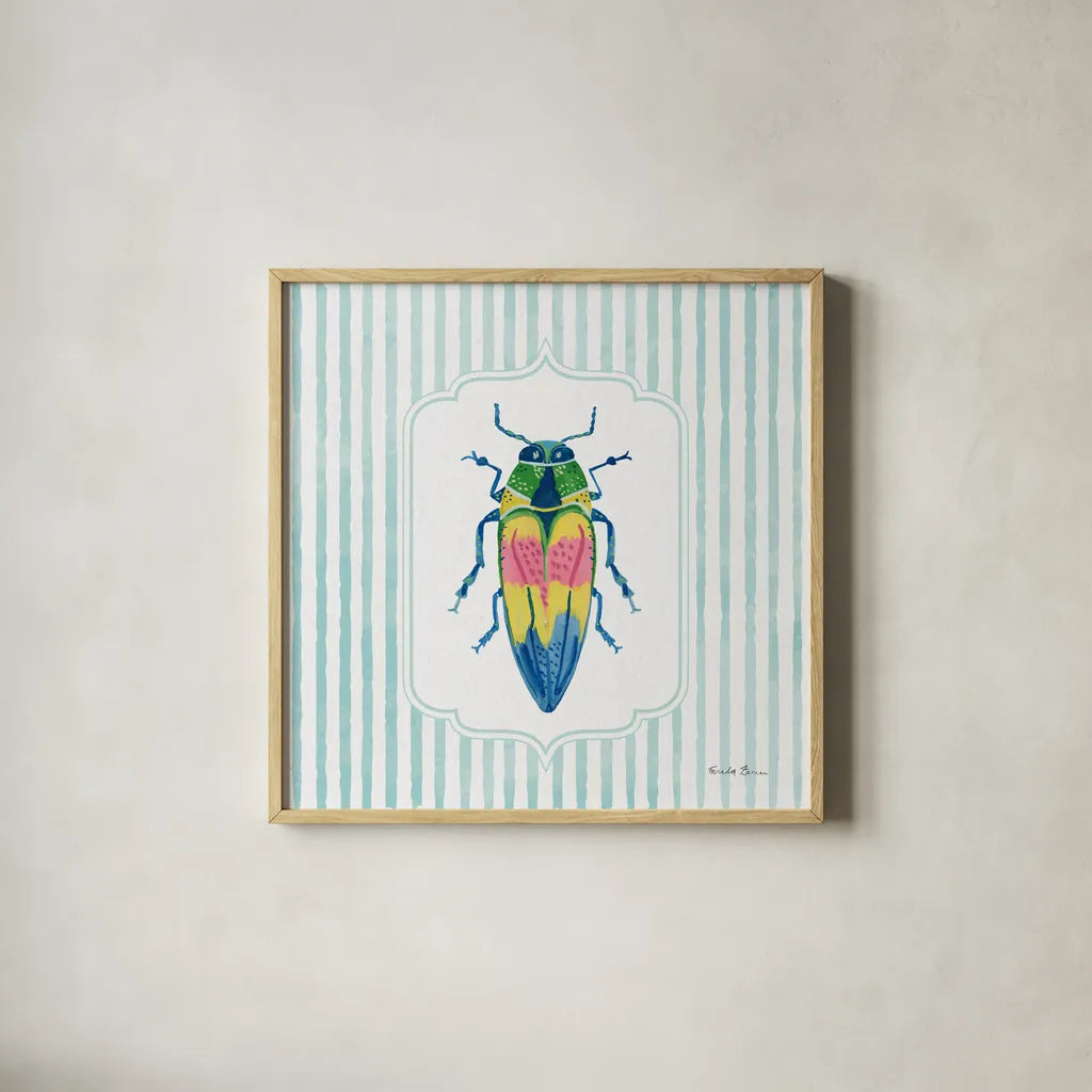 Garden Friends I by Farida Zaman. Shown in a natural wood glass frame for a timeless modern aesthetic. Available as an archival giclee rolled canvas, fine art paper, or poster print. SKU 98147a.