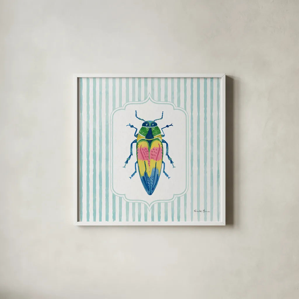 Garden Friends I by Farida Zaman. Shown in a crisp white glass frame for a clean and minimalist style. Available as an archival giclee rolled canvas, fine art paper, or poster print. SKU 98147a.