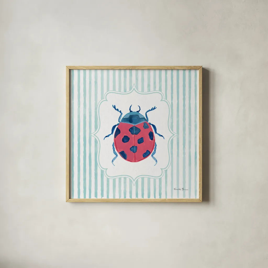 Garden Friends II by Farida Zaman. Shown in a natural wood glass frame for a timeless modern aesthetic. Available as an archival giclee rolled canvas, fine art paper, or poster print. SKU 98148a.