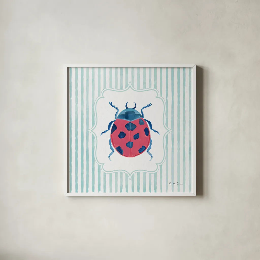 Garden Friends II by Farida Zaman. Shown in a crisp white glass frame for a clean and minimalist style. Available as an archival giclee rolled canvas, fine art paper, or poster print. SKU 98148a.