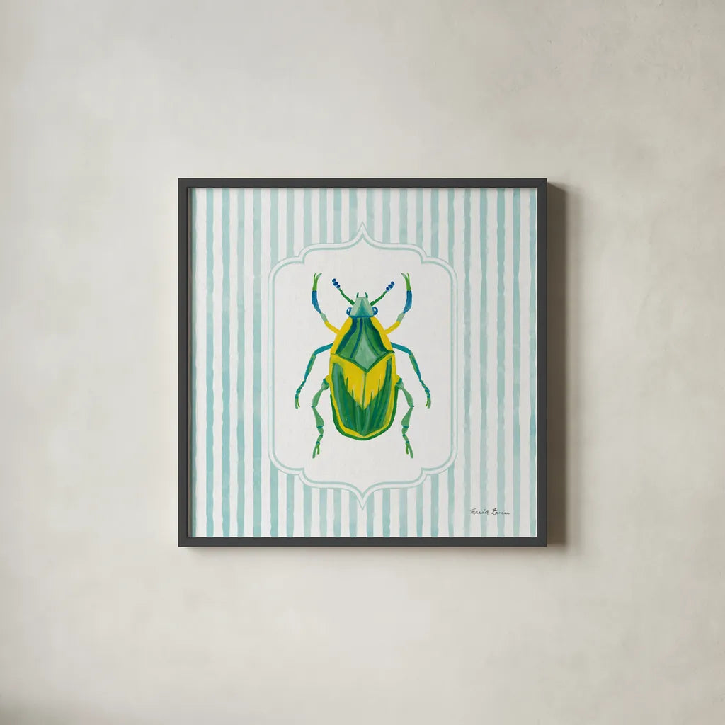 Garden Friends IV by Farida Zaman. Shown in a sleek black glass frame for a contemporary gallery look. Available as an archival giclee rolled canvas, fine art paper, or poster print. SKU 98150a.