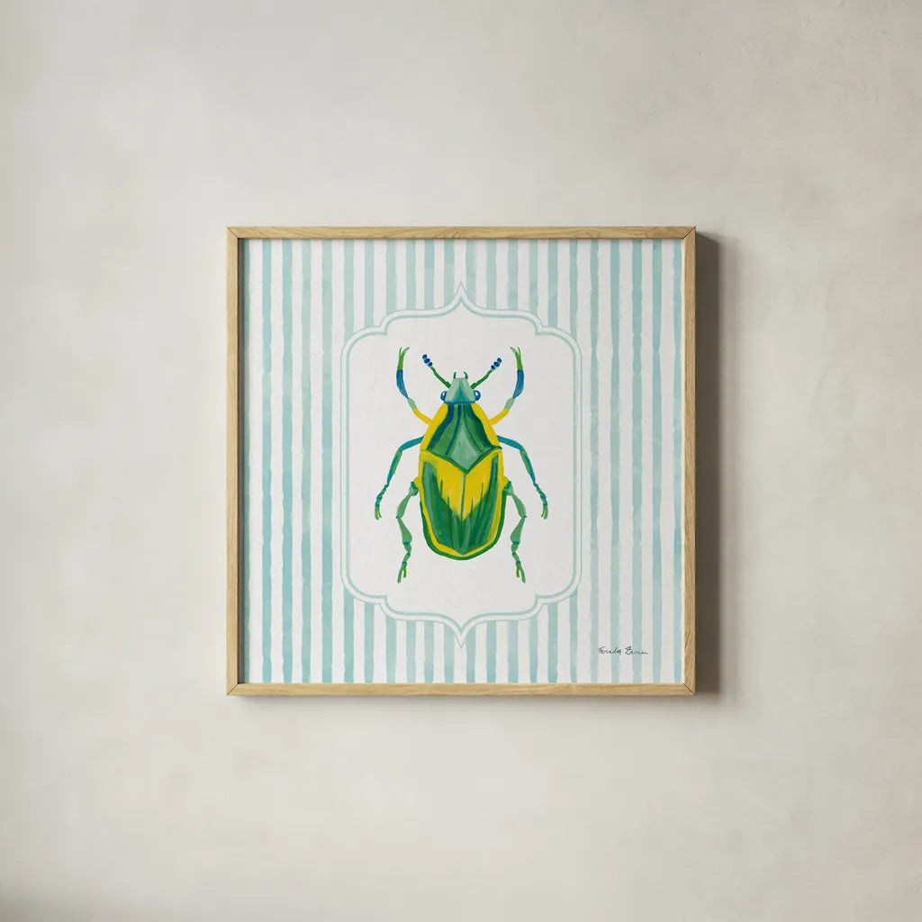 Garden Friends IV by Farida Zaman. Shown in a natural wood glass frame for a timeless modern aesthetic. Available as an archival giclee rolled canvas, fine art paper, or poster print. SKU 98150a.