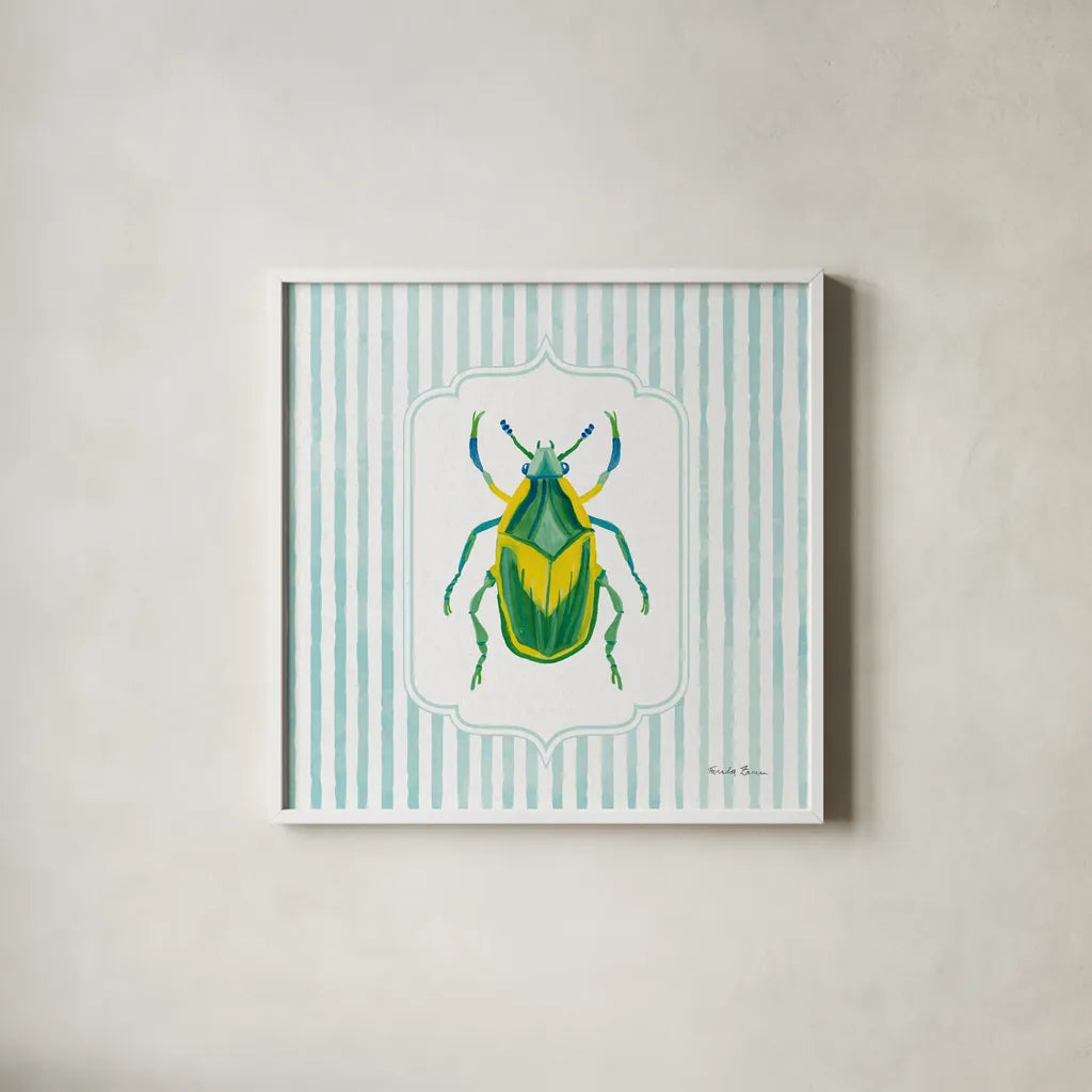 Garden Friends IV by Farida Zaman. Shown in a crisp white glass frame for a clean and minimalist style. Available as an archival giclee rolled canvas, fine art paper, or poster print. SKU 98150a.