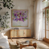 Garden Fun by Farida Zaman. Shown in a natural wood frame in a cozy modern living room. Available as an archival giclee rolled canvas, fine art paper, or poster print. SKU 44836a.