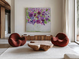 Garden Fun by Farida Zaman. Shown as extra-large giant wall art in a modern living room. Available as an archival giclee rolled canvas, fine art paper, or poster print. SKU 44836a.