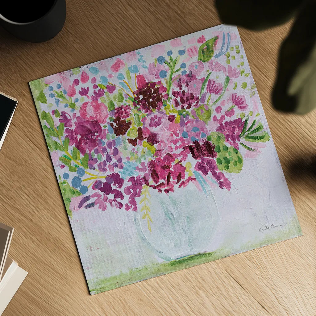 Garden Fun Bright by Farida Zaman. Shown as a detailed flat fine art print, highlighting archival giclee quality. Available as an archival giclee rolled canvas, fine art paper, or poster print. SKU 46148a.