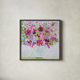 Garden Fun Bright by Farida Zaman. Shown in a sleek black glass frame for a contemporary gallery look. Available as an archival giclee rolled canvas, fine art paper, or poster print. SKU 46148a.