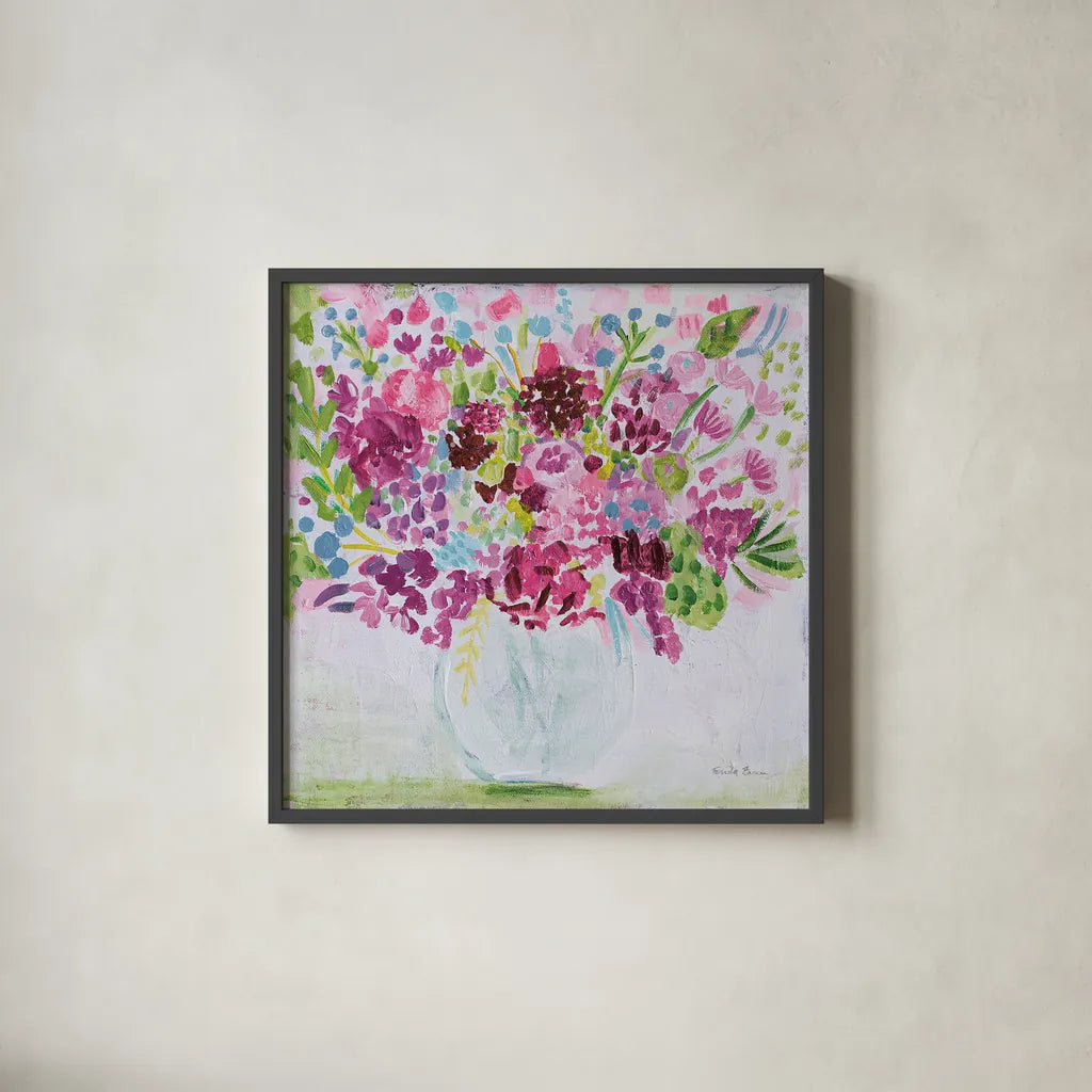Garden Fun Bright by Farida Zaman. Shown in a sleek black glass frame for a contemporary gallery look. Available as an archival giclee rolled canvas, fine art paper, or poster print. SKU 46148a.