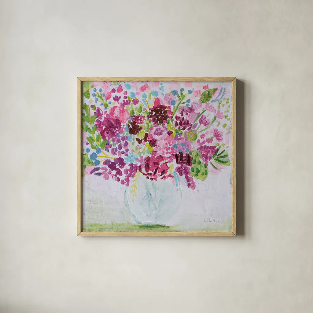 Garden Fun Bright by Farida Zaman. Shown in a natural wood glass frame for a timeless modern aesthetic. Available as an archival giclee rolled canvas, fine art paper, or poster print. SKU 46148a.