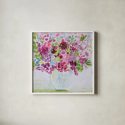 Garden Fun Bright by Farida Zaman. Shown in a crisp white glass frame for a clean and minimalist style. Available as an archival giclee rolled canvas, fine art paper, or poster print. SKU 46148a.