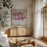 Garden Fun Bright by Farida Zaman. Shown in a natural wood frame in a cozy modern living room. Available as an archival giclee rolled canvas, fine art paper, or poster print. SKU 46148a.