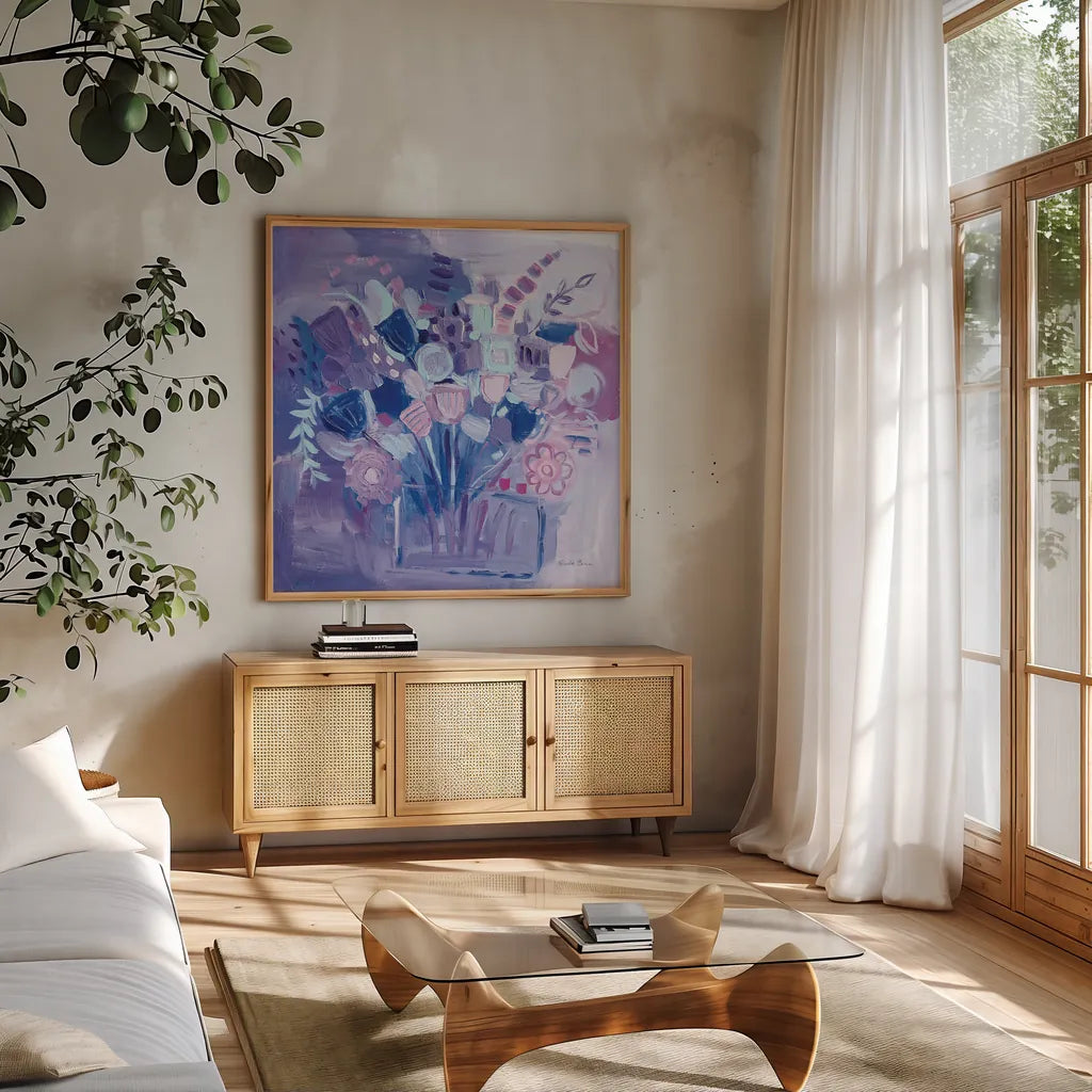Garden Pastels by Farida Zaman. Shown in a natural wood frame in a cozy modern living room. Available as an archival giclee rolled canvas, fine art paper, or poster print. SKU 44834a.
