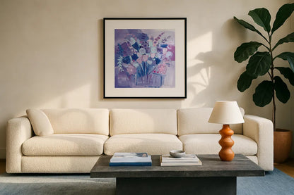 Garden Pastels by Farida Zaman. Displayed in a glass frame with matte in a clean modern living room. Available as an archival giclee rolled canvas, fine art paper, or poster print. SKU 44834a.